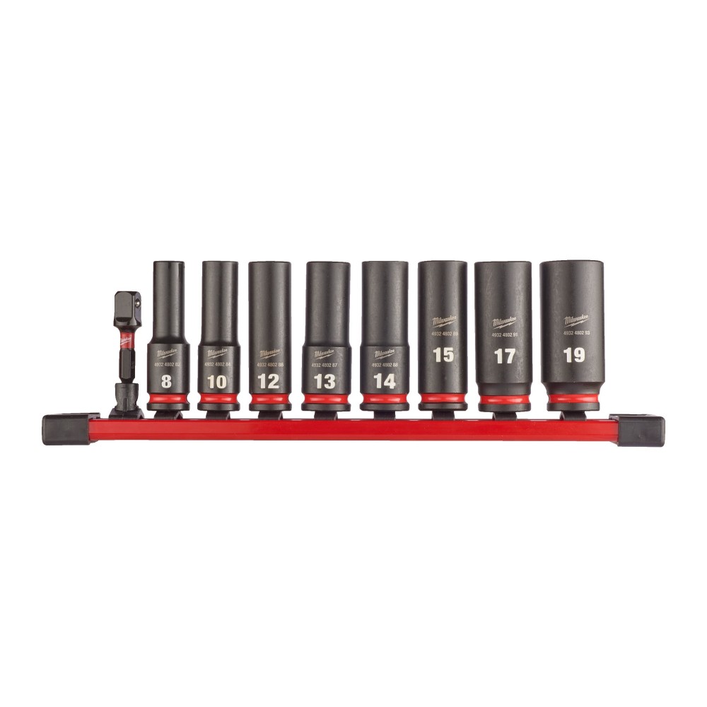 Набор головок ударных удлиненных Milwaukee 3/8'' (9 шт) (8, 10, 12, 13, 16, 17, 18, 19 + переходник 1/4'' Hex-3/8'' квадрат )  (замена для 4932478289) (Арт. 4932480455)