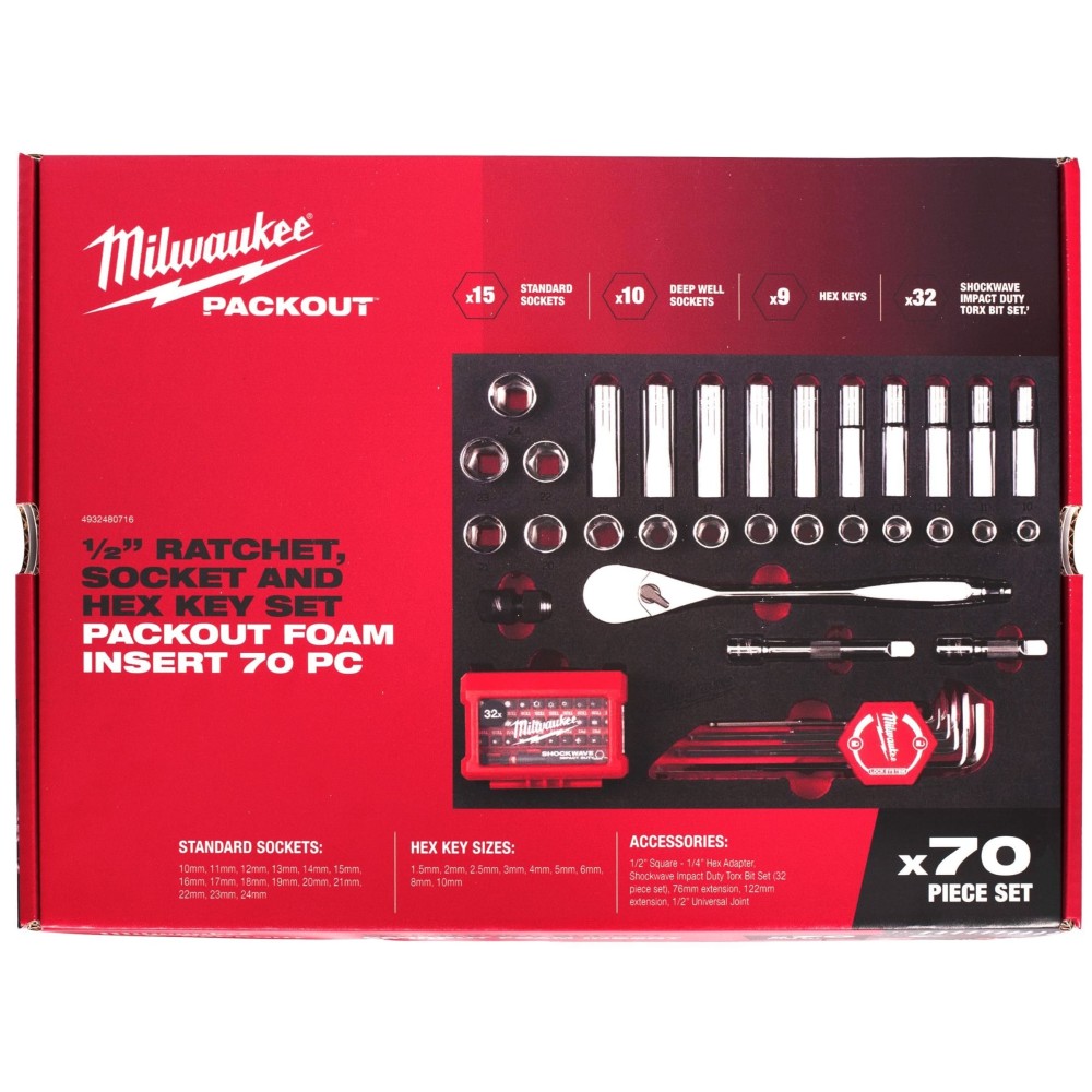 Набор торцевых головок 1/2 с трещоткой и шестигранных ключей Milwaukee для PACKOUT (70 шт)